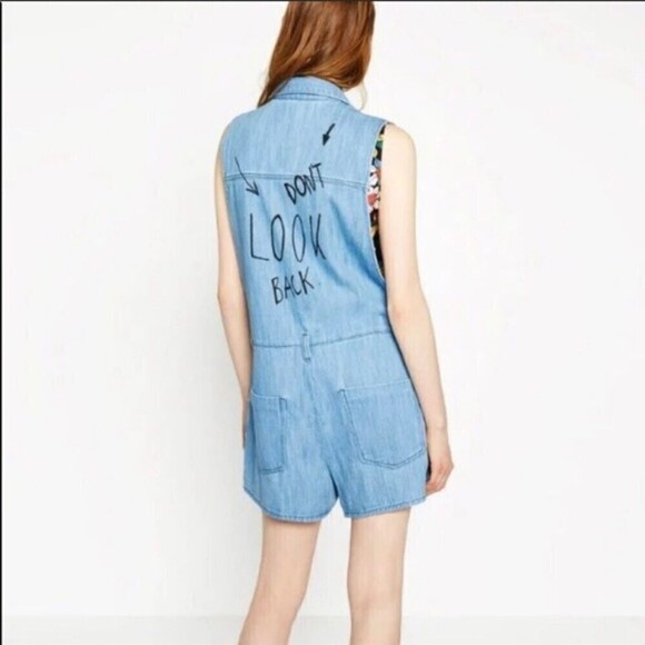 ZARA Limited Edition Sleeveless Blue Denim Romper Shorts Don't Look Back Small - Picture 1 of 16